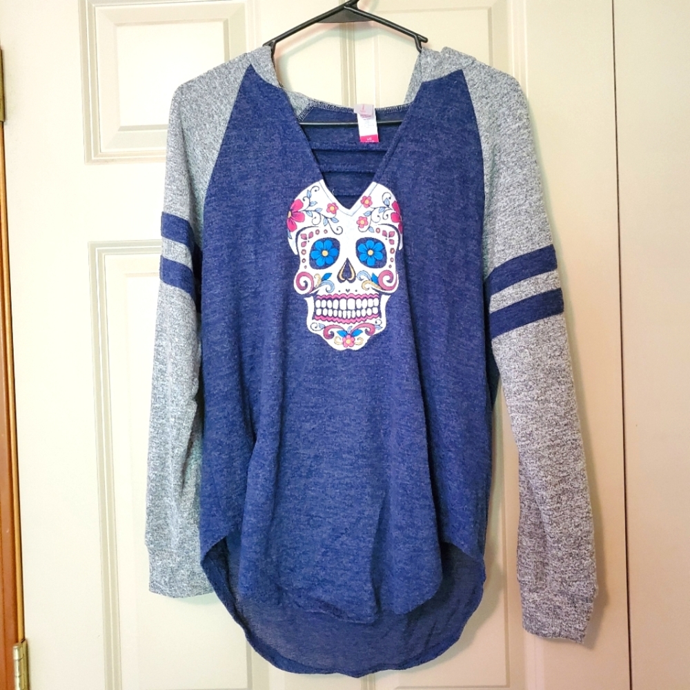 large long sleeve hooded sugar skull shirt